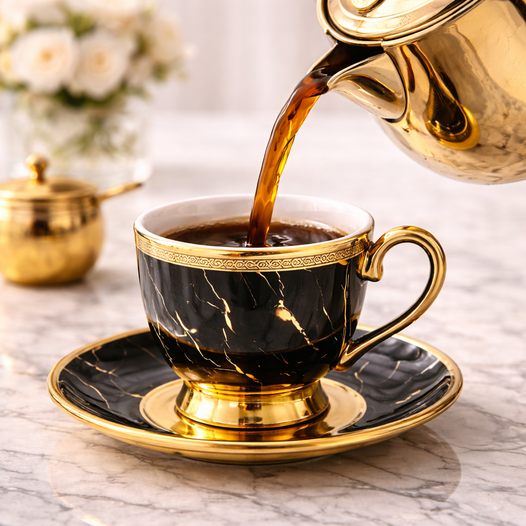 Jogo de Xícaras de Café 12 Peças em Porcelana Preta com Detalhes Dourados | Kit Noir Prestige