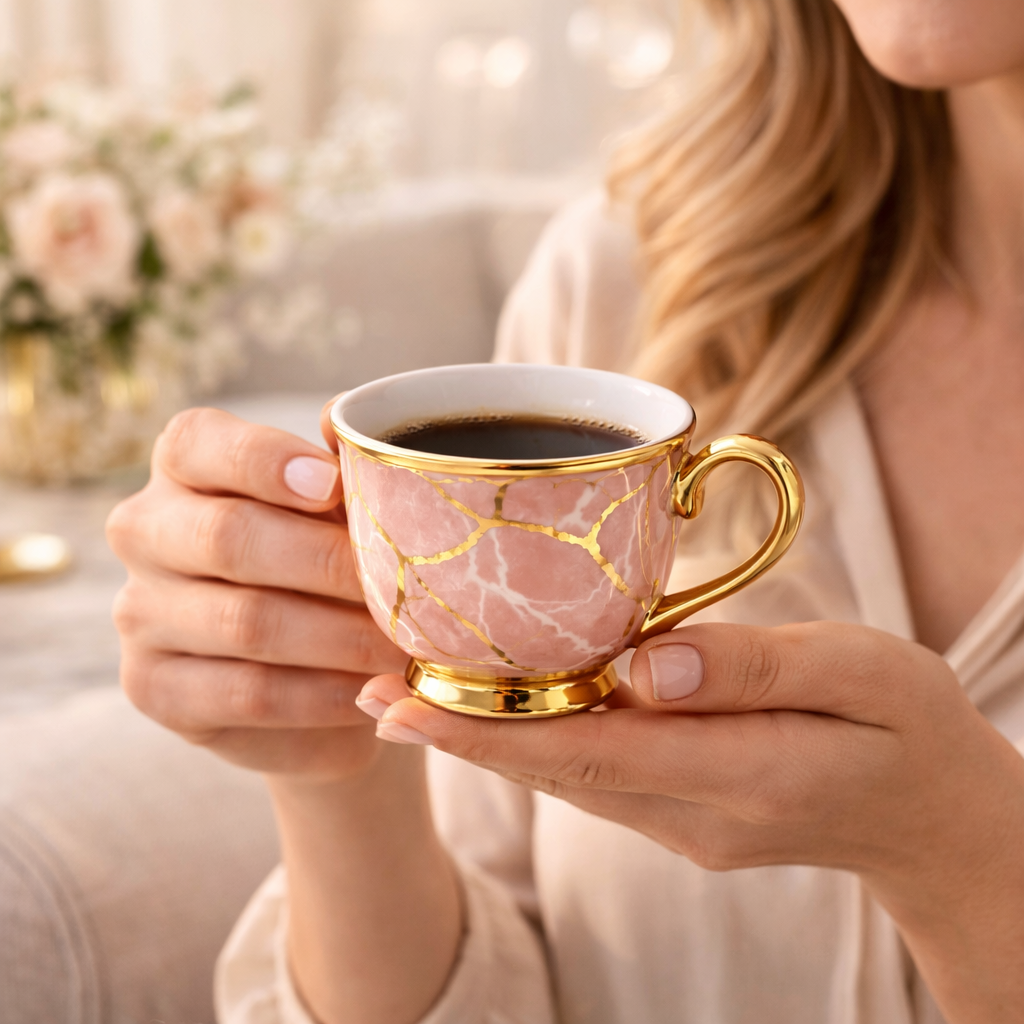 Jogo de Xícaras de Café 12 Peças em Porcelana Rosa Marmorizada com Detalhes Dourados | Kit Rose Marble
