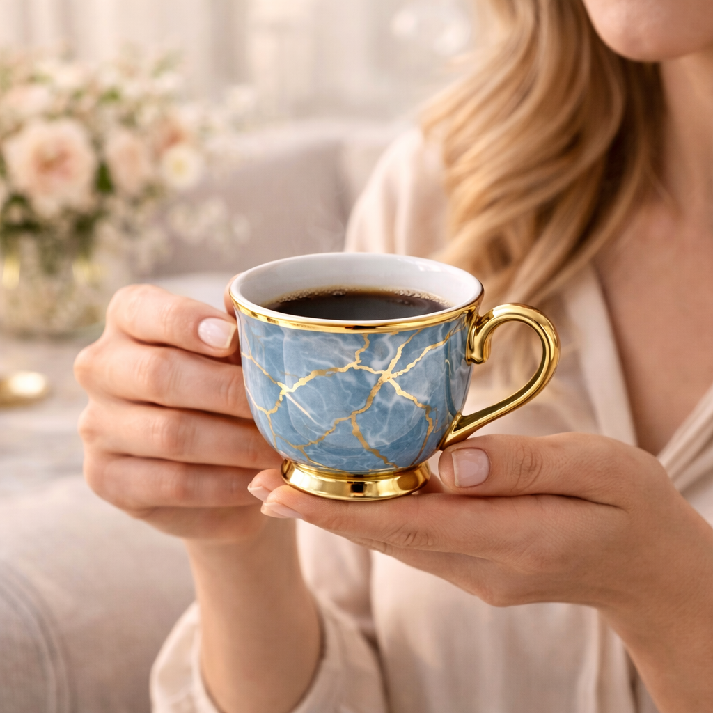 Jogo de Xícaras de Café 12 Peças em Porcelana Azul Marmorizada com Detalhes Dourados | Kit Blue Crystal
