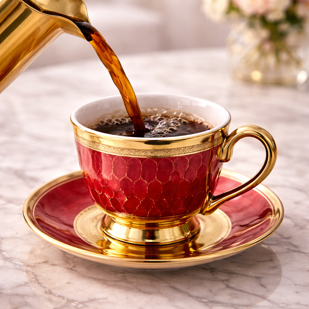 Jogo de Xícaras de Café 12 Peças em Porcelana Vermelha com Detalhes Dourados | Kit Royal Ruby