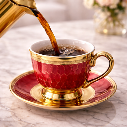Jogo de Xícaras de Café 12 Peças em Porcelana Vermelha com Detalhes Dourados | Kit Royal Ruby
