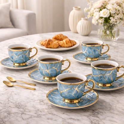 Jogo de Xícaras de Café 12 Peças em Porcelana Azul Marmorizada com Detalhes Dourados | Kit Blue Crystal