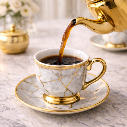 Jogo de Xícaras de Café 12 Peças em Porcelana Floral com Detalhes Dourados | Kit Aurora Gold