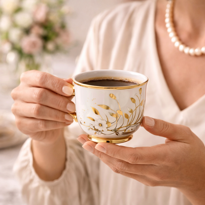 Jogo de Xícaras de Café 12 Peças em Porcelana Floral com Detalhes Dourados | Kit Aurora Gold