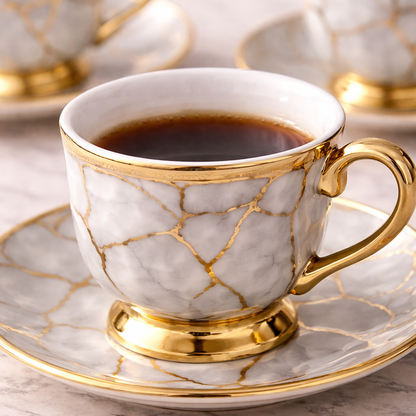 Jogo de Xícaras de Café 12 Peças em Porcelana Floral com Detalhes Dourados | Kit Aurora Gold