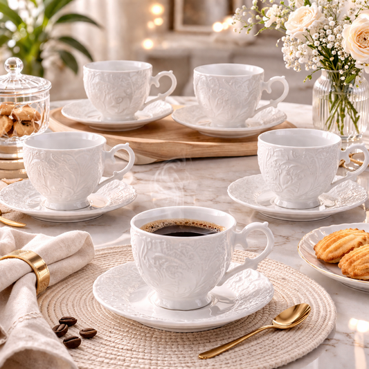 Jogo de Xícaras de Café 12 Peças em Porcelana Branca Relevada Luxo | Kit Blanc Royal Cafeto