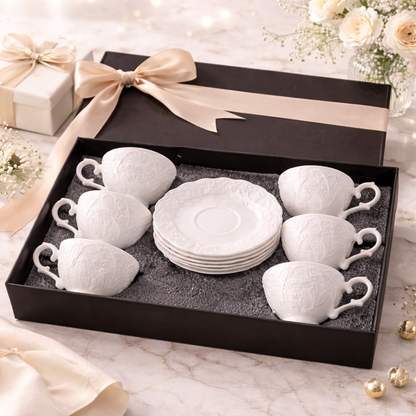 Jogo de Xícaras de Café 12 Peças em Porcelana Branca Relevada Luxo | Kit Blanc Royal Cafeto