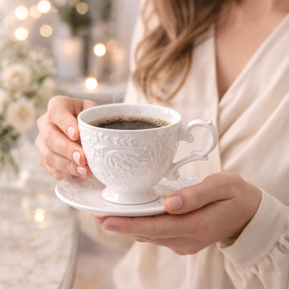 Jogo de Xícaras de Café 12 Peças em Porcelana Branca Relevada Luxo | Kit Blanc Royal Cafeto