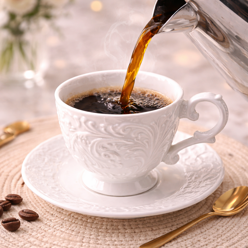 Jogo de Xícaras de Café 12 Peças em Porcelana Branca Relevada Luxo | Kit Blanc Royal Cafeto