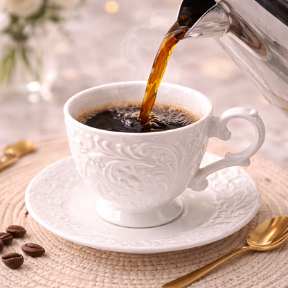 Jogo de Xícaras de Café 12 Peças em Porcelana Branca Relevada Luxo | Kit Blanc Royal Cafeto