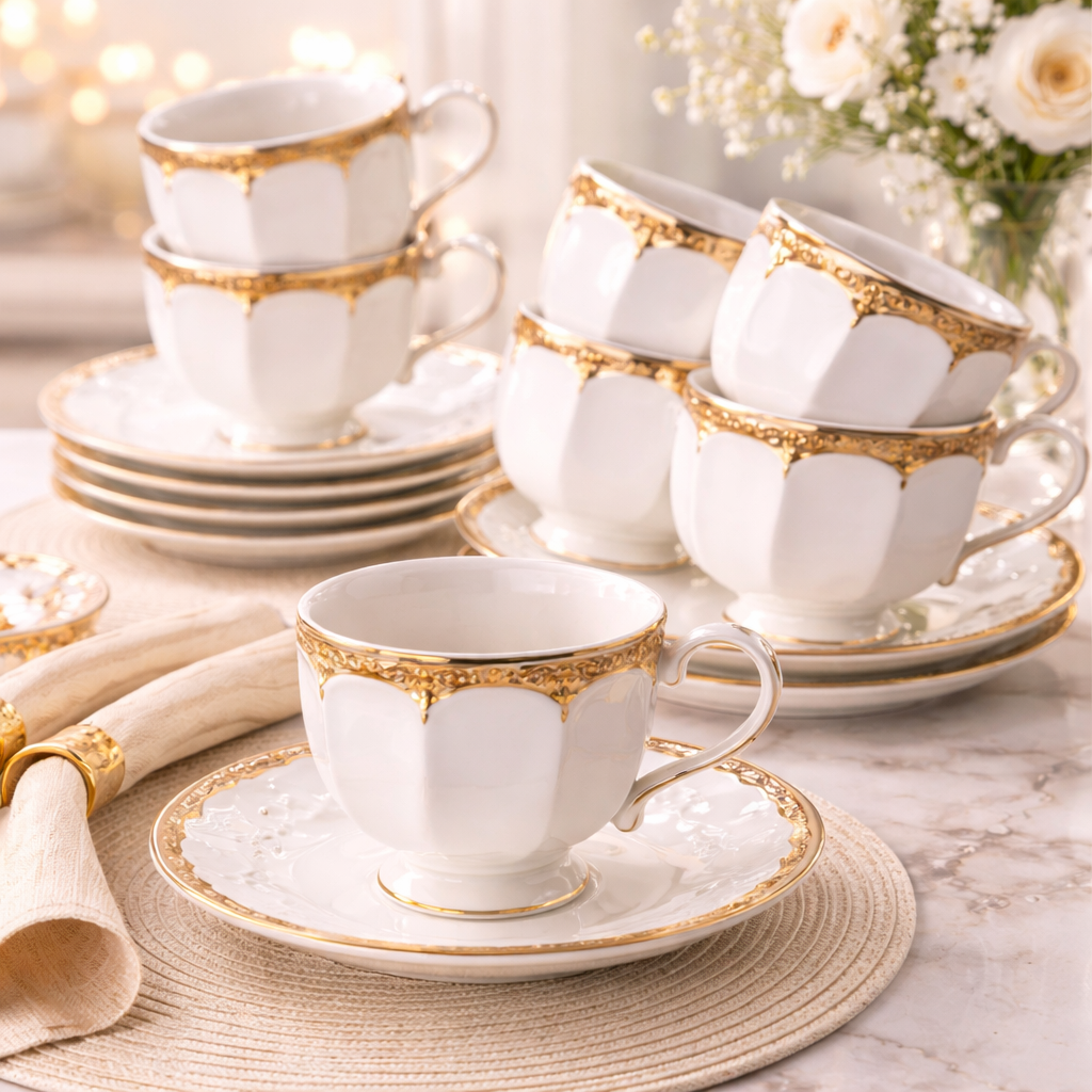 Jogo de Xícaras de Café 12 Peças em Porcelana Branca com Dourado | Kit Luxo Elegante Cafeto