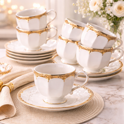 Jogo de Xícaras de Café 12 Peças em Porcelana Branca com Dourado | Kit Luxo Elegante Cafeto