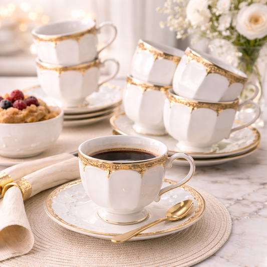 Jogo de Xícaras de Café 12 Peças em Porcelana Branca com Dourado | Kit Luxo Elegante Cafeto
