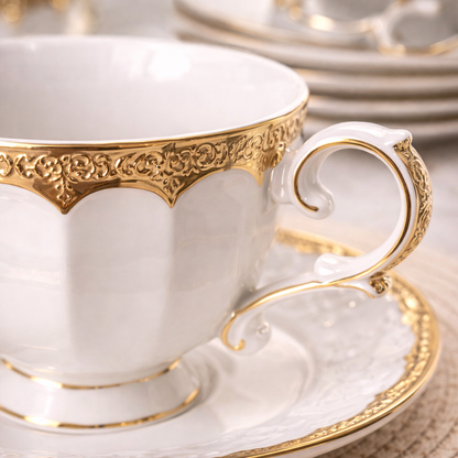 Jogo de Xícaras de Café 12 Peças em Porcelana Branca com Dourado | Kit Luxo Elegante Cafeto