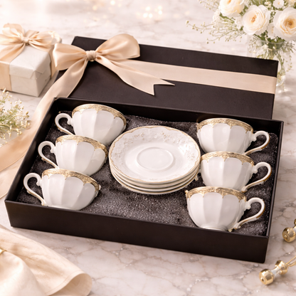 Jogo de Xícaras de Café 12 Peças em Porcelana Branca com Dourado | Kit Luxo Elegante Cafeto