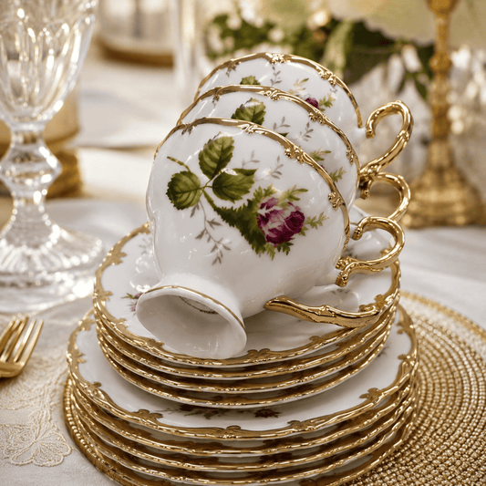 Kit Rosé Belle Époque | Jogo de Xícaras de Café 12 Peças em Porcelana Floral com Detalhes Dourados