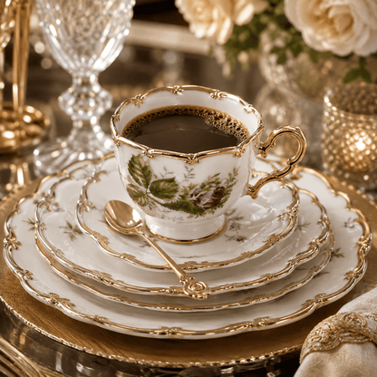 Kit Rosé Belle Époque | Jogo de Xícaras de Café 12 Peças em Porcelana Floral com Detalhes Dourados