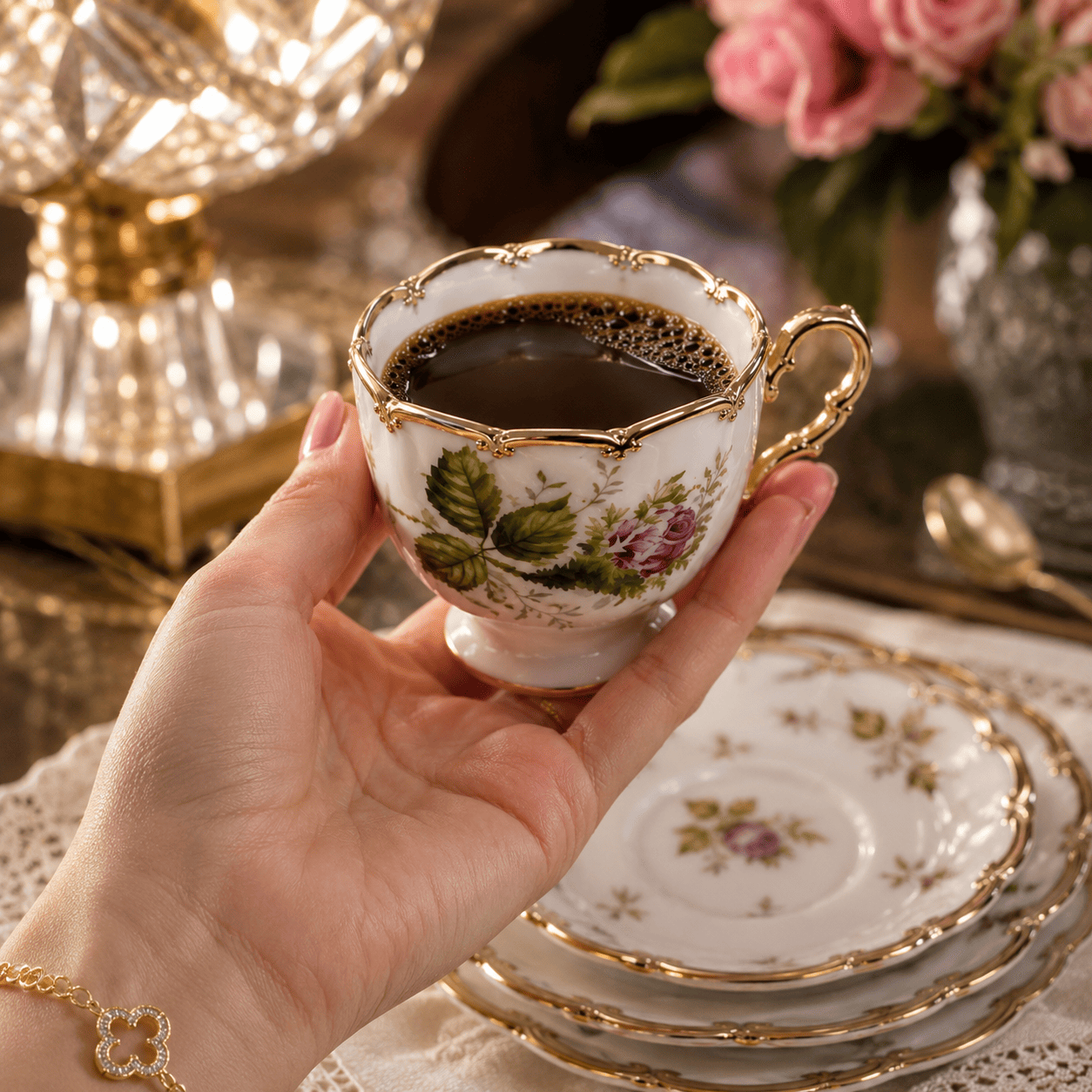 Kit Rosé Belle Époque | Jogo de Xícaras de Café 12 Peças em Porcelana Floral com Detalhes Dourados