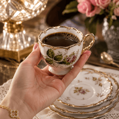 Kit Rosé Belle Époque | Jogo de Xícaras de Café 12 Peças em Porcelana Floral com Detalhes Dourados