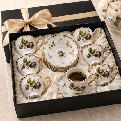 Kit Rosé Belle Époque | Jogo de Xícaras de Café 12 Peças em Porcelana Floral com Detalhes Dourados