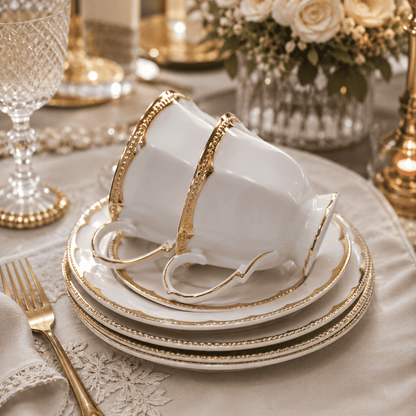 Jogo de Xícaras de Café 12 Peças em Porcelana Branca com Dourado | Kit Luxo Elegante Cafeto