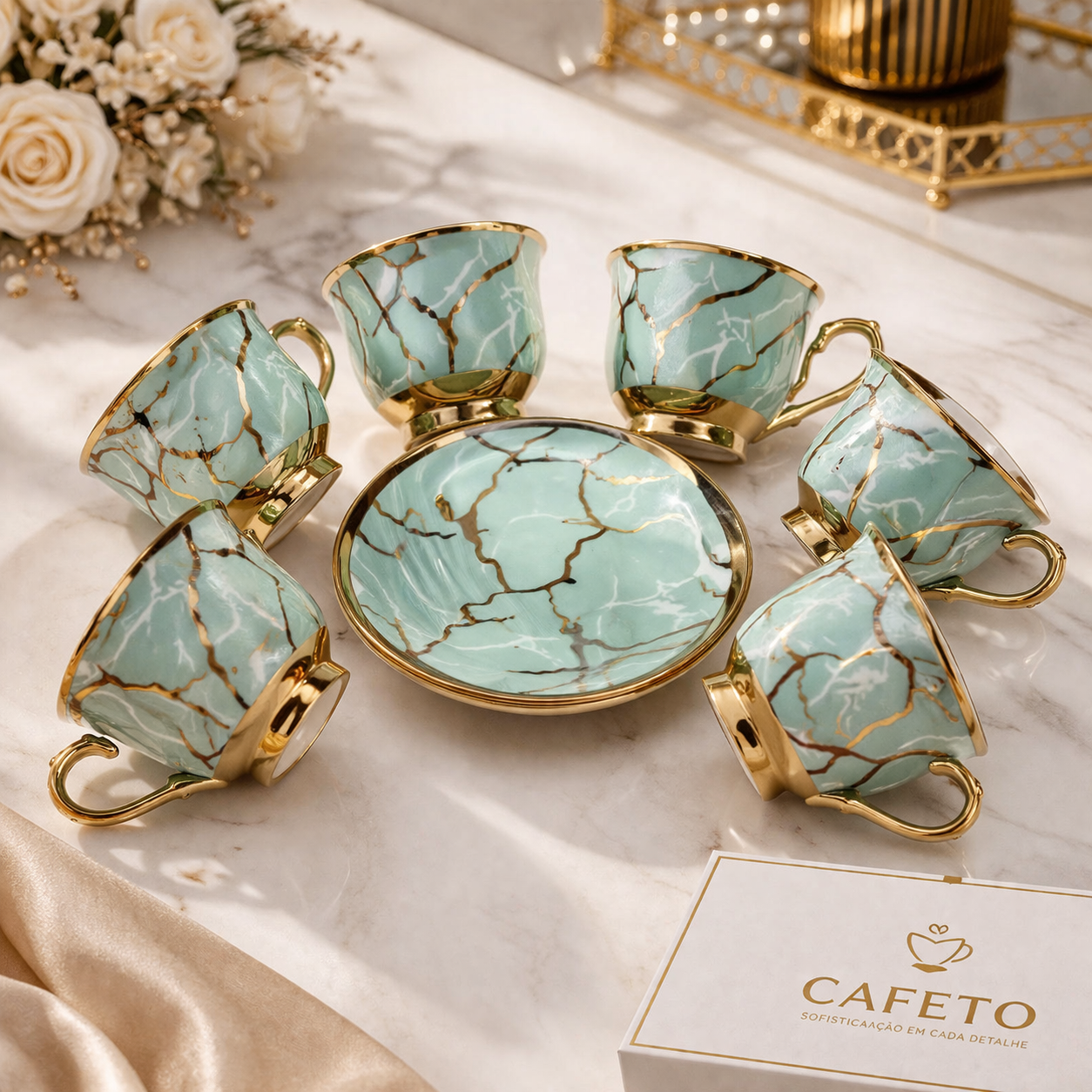 Jogo de Xícaras de Café 12 Peças em Porcelana Verde Jade com Detalhes Dourados | Kit Jade Imperial