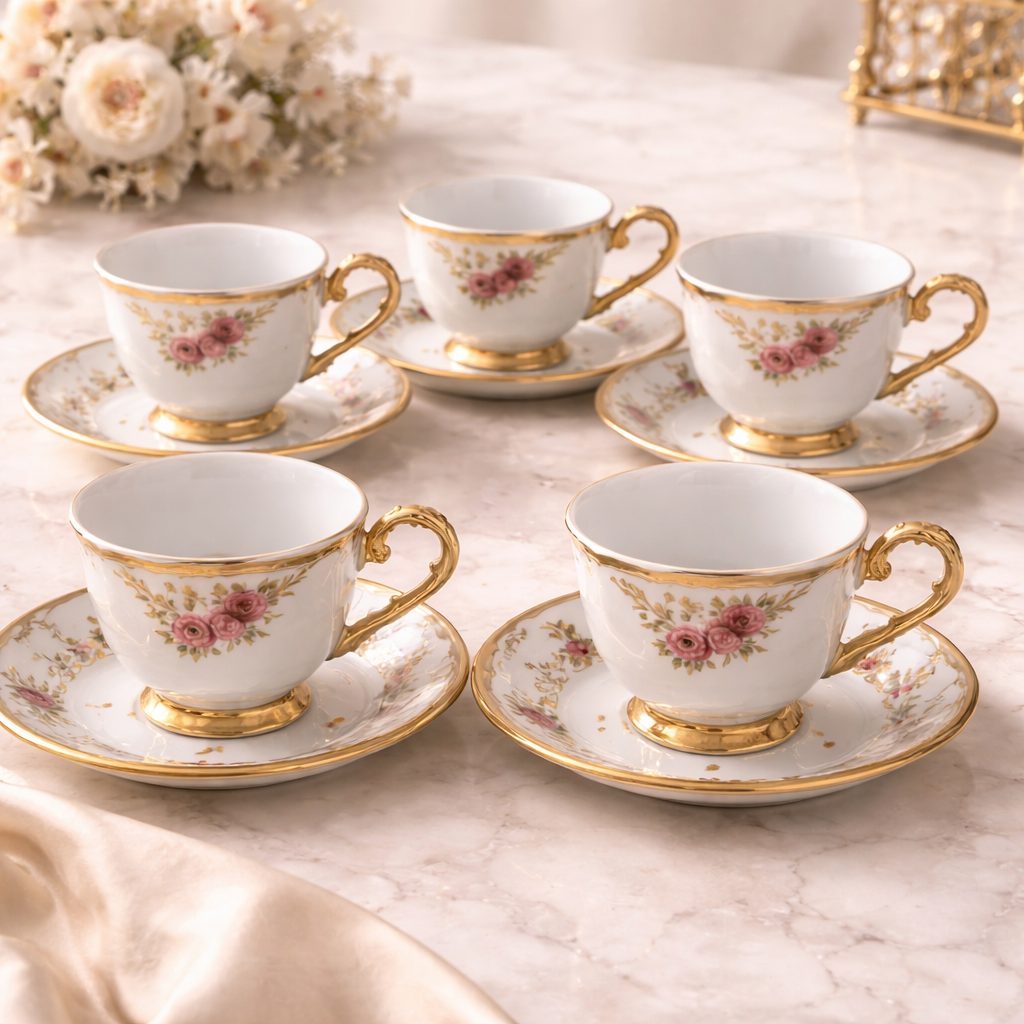 Jogo de Xícaras de Café 12 Peças em Porcelana Floral com Detalhes Dourados | Kit Rosé Belle Époque