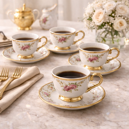 Jogo de Xícaras de Café 12 Peças em Porcelana Floral com Detalhes Dourados | Kit Rosé Belle Époque