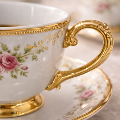 Jogo de Xícaras de Café 12 Peças em Porcelana Floral com Detalhes Dourados | Kit Rosé Belle Époque
