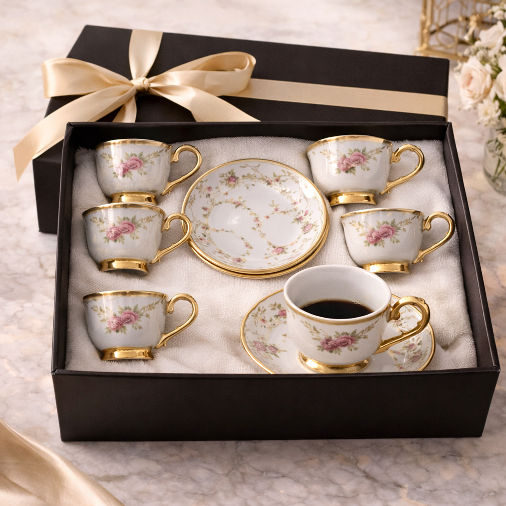 Jogo de Xícaras de Café 12 Peças em Porcelana Floral com Detalhes Dourados | Kit Rosé Belle Époque