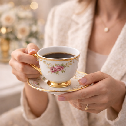 Jogo de Xícaras de Café 12 Peças em Porcelana Floral com Detalhes Dourados | Kit Rosé Belle Époque