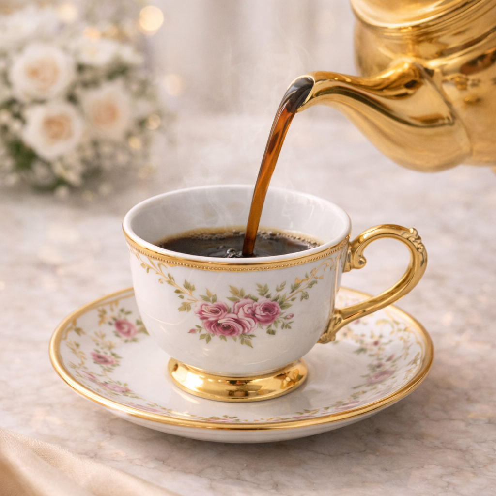 Jogo de Xícaras de Café 12 Peças em Porcelana Floral com Detalhes Dourados | Kit Rosé Belle Époque
