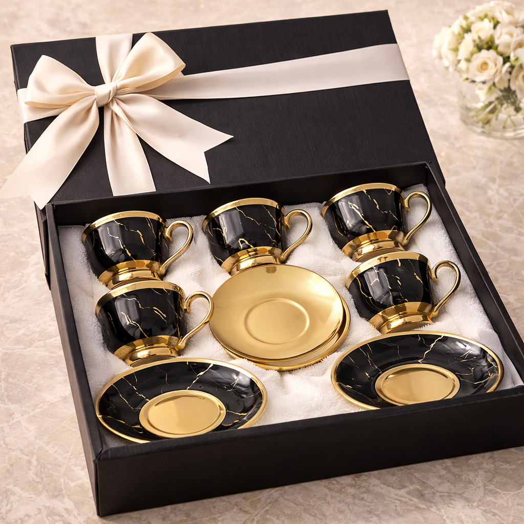 Jogo de Xícaras de Café 12 Peças em Porcelana Preta com Detalhes Dourados | Kit Noir Prestige