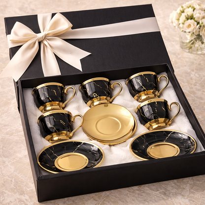Jogo de Xícaras de Café 12 Peças em Porcelana Preta com Detalhes Dourados | Kit Noir Prestige