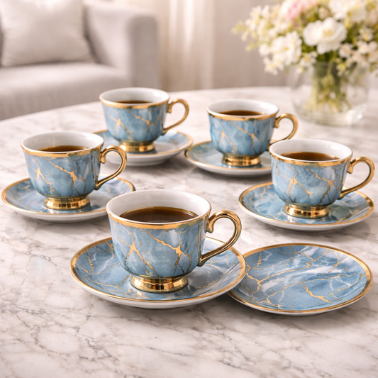 Jogo de Xícaras de Café 12 Peças em Porcelana Azul Marmorizada com Detalhes Dourados | Kit Blue Crystal