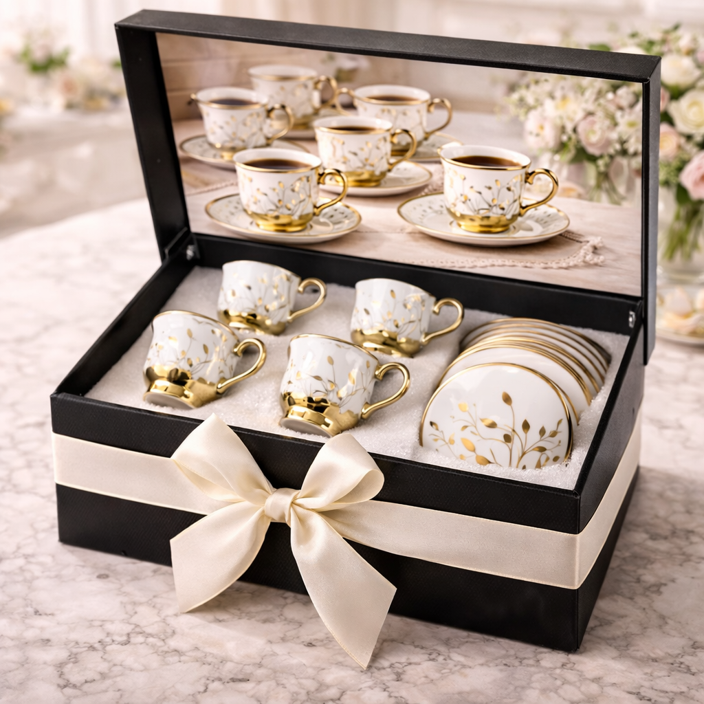 Jogo de Xícaras de Café 12 Peças em Porcelana Floral com Detalhes Dourados | Kit Aurora Gold
