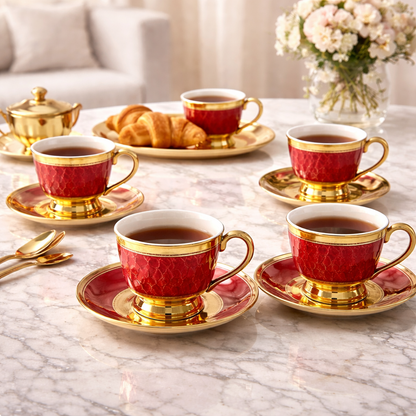 Jogo de Xícaras de Café 12 Peças em Porcelana Vermelha com Detalhes Dourados | Kit Royal Ruby