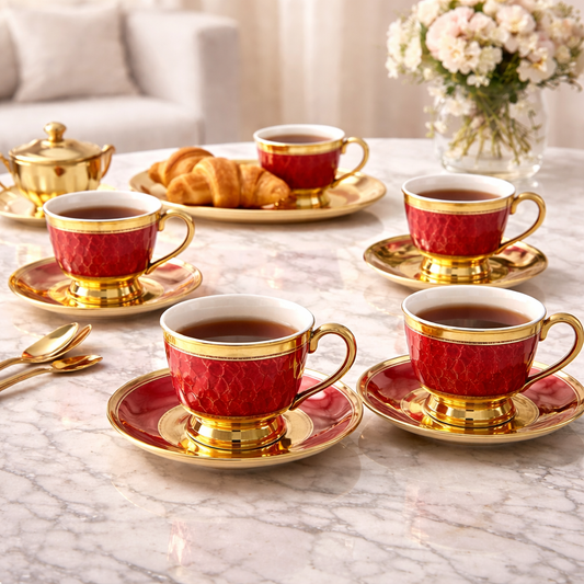 Jogo de Xícaras de Café 12 Peças em Porcelana Vermelha com Detalhes Dourados | Kit Royal Ruby
