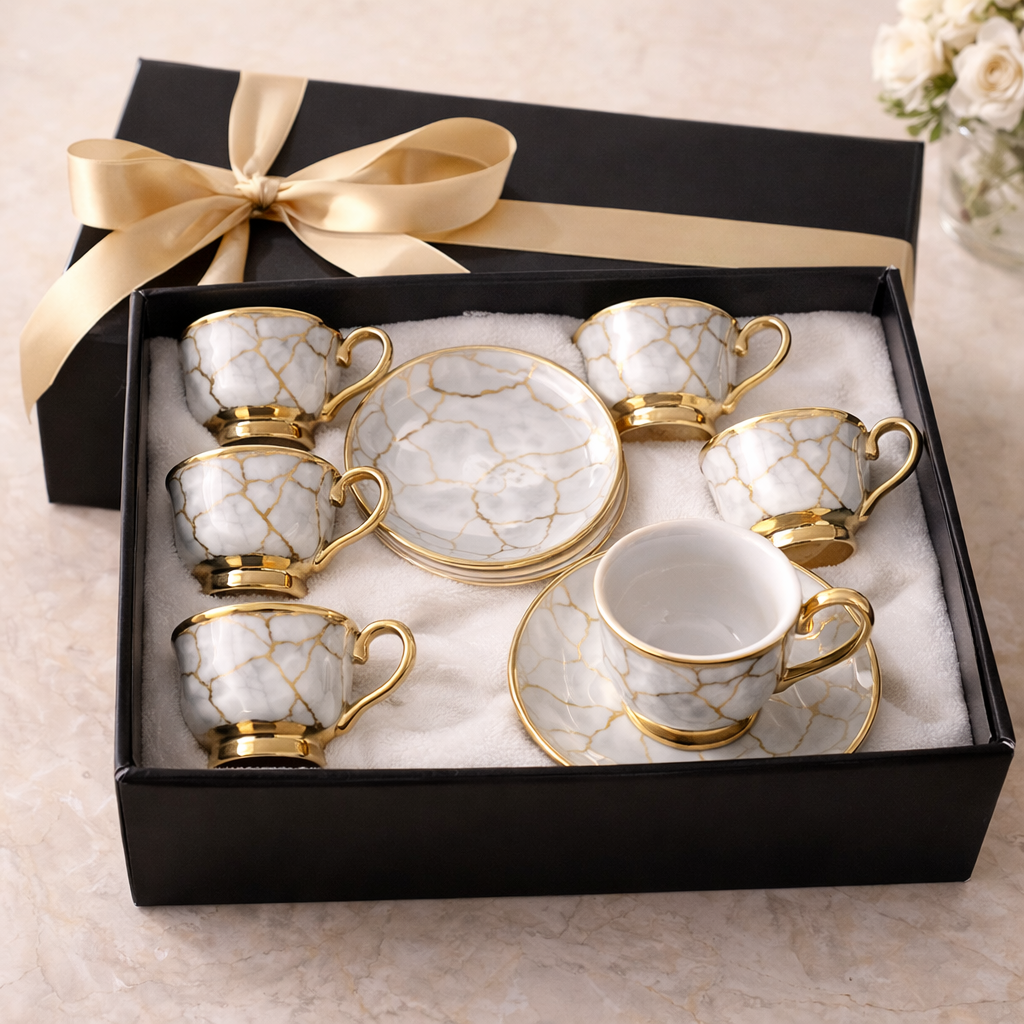 Jogo de Xícaras de Café 12 Peças em Porcelana Floral com Detalhes Dourados | Kit Aurora Gold