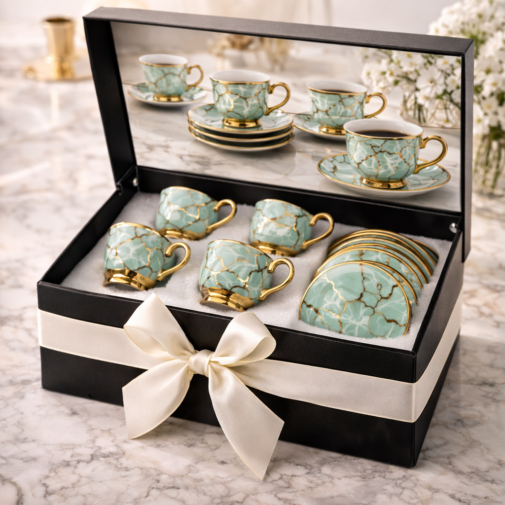 Jogo de Xícaras de Café 12 Peças em Porcelana Verde Jade com Detalhes Dourados | Kit Jade Imperial