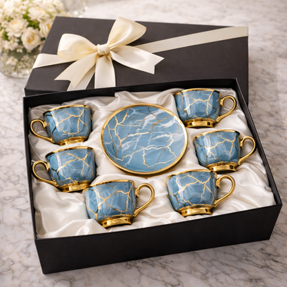 Jogo de Xícaras de Café 12 Peças em Porcelana Azul Marmorizada com Detalhes Dourados | Kit Blue Crystal