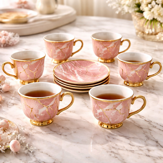 Jogo de Xícaras de Café 12 Peças em Porcelana Rosa Marmorizada com Detalhes Dourados | Kit Rose Marble