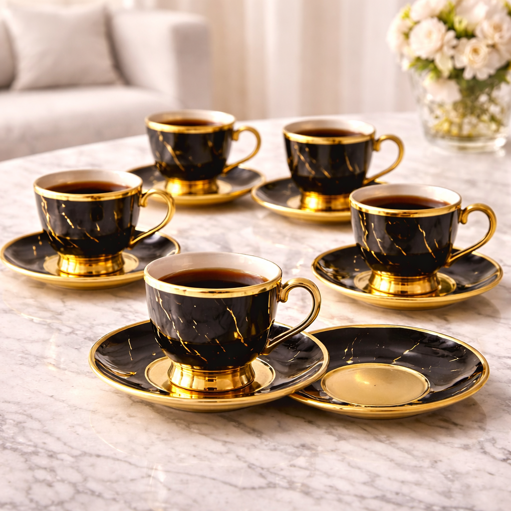 Jogo de Xícaras de Café 12 Peças em Porcelana Preta com Detalhes Dourados | Kit Noir Prestige