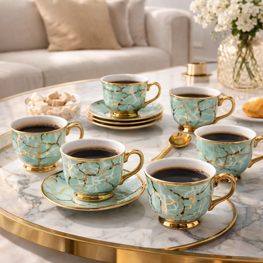Jogo de Xícaras de Café 12 Peças em Porcelana Verde Jade com Detalhes Dourados | Kit Jade Imperial