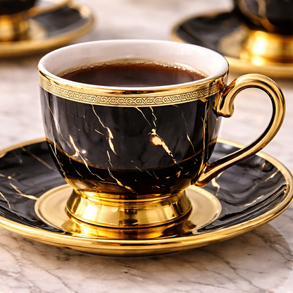 Jogo de Xícaras de Café 12 Peças em Porcelana Preta com Detalhes Dourados | Kit Noir Prestige