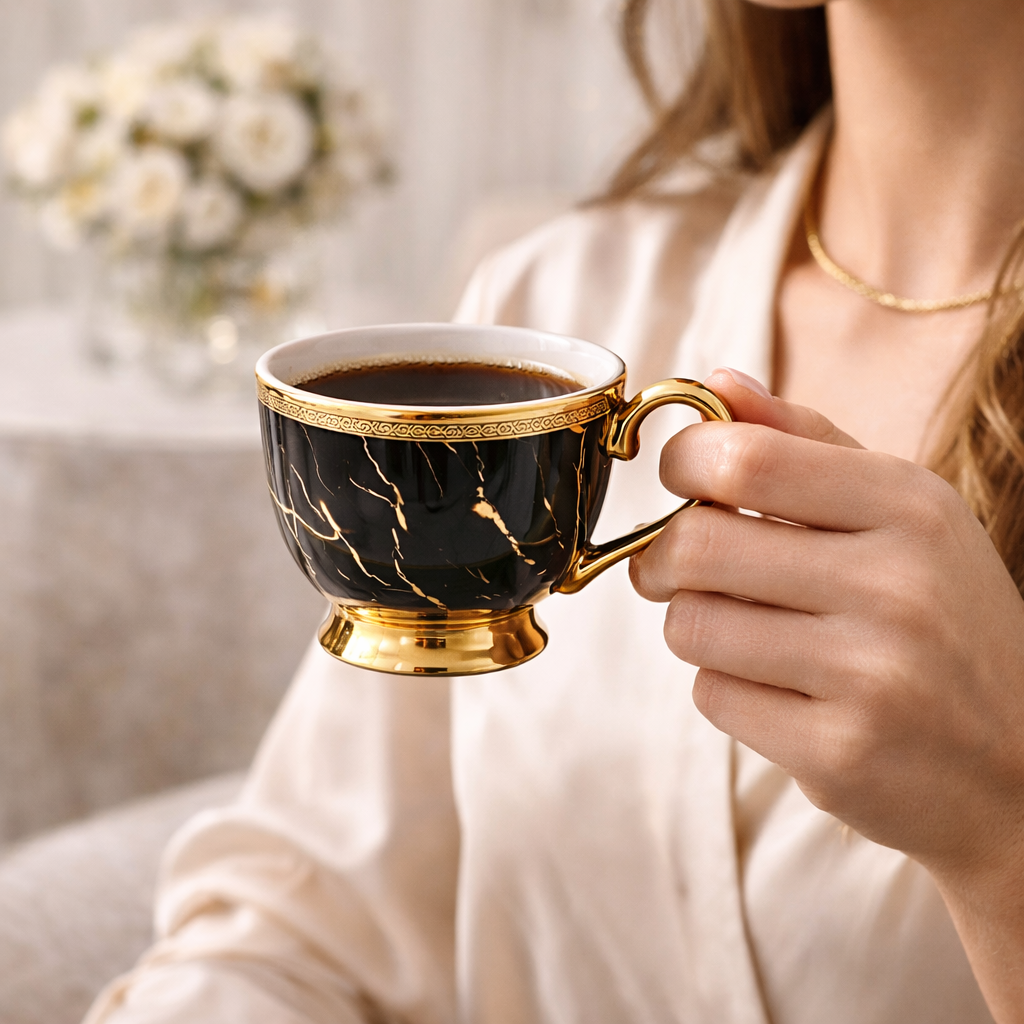 Jogo de Xícaras de Café 12 Peças em Porcelana Preta com Detalhes Dourados | Kit Noir Prestige