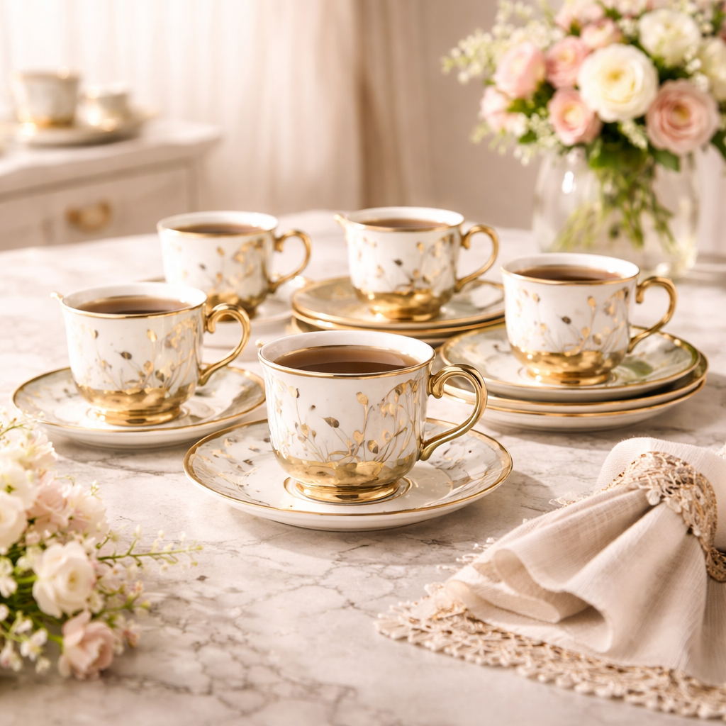 Jogo de Xícaras de Café 12 Peças em Porcelana Floral com Detalhes Dourados | Kit Aurora Gold