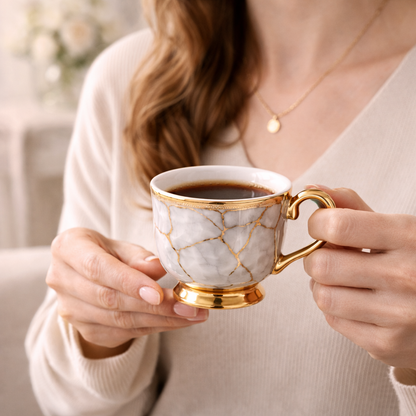 Jogo de Xícaras de Café 12 Peças em Porcelana Floral com Detalhes Dourados | Kit Aurora Gold