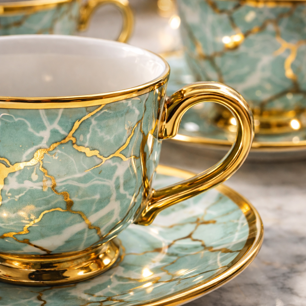 Jogo de Xícaras de Café 12 Peças em Porcelana Verde Jade com Detalhes Dourados | Kit Jade Imperial