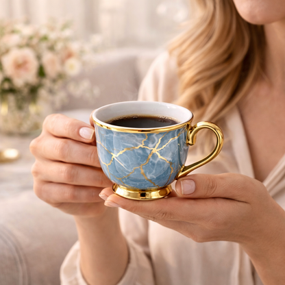 Jogo de Xícaras de Café 12 Peças em Porcelana Azul Marmorizada com Detalhes Dourados | Kit Blue Crystal